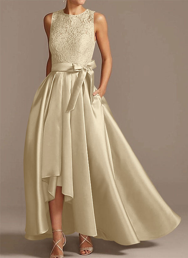 A-Line Scoop Neck Lace/Satin Cocktail Dresses With Pockets