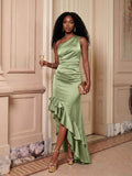 Sheath/Column One-Shoulder Floor-Length Stretch Satin Knit Evening Dresses With Ruffle/High Split
