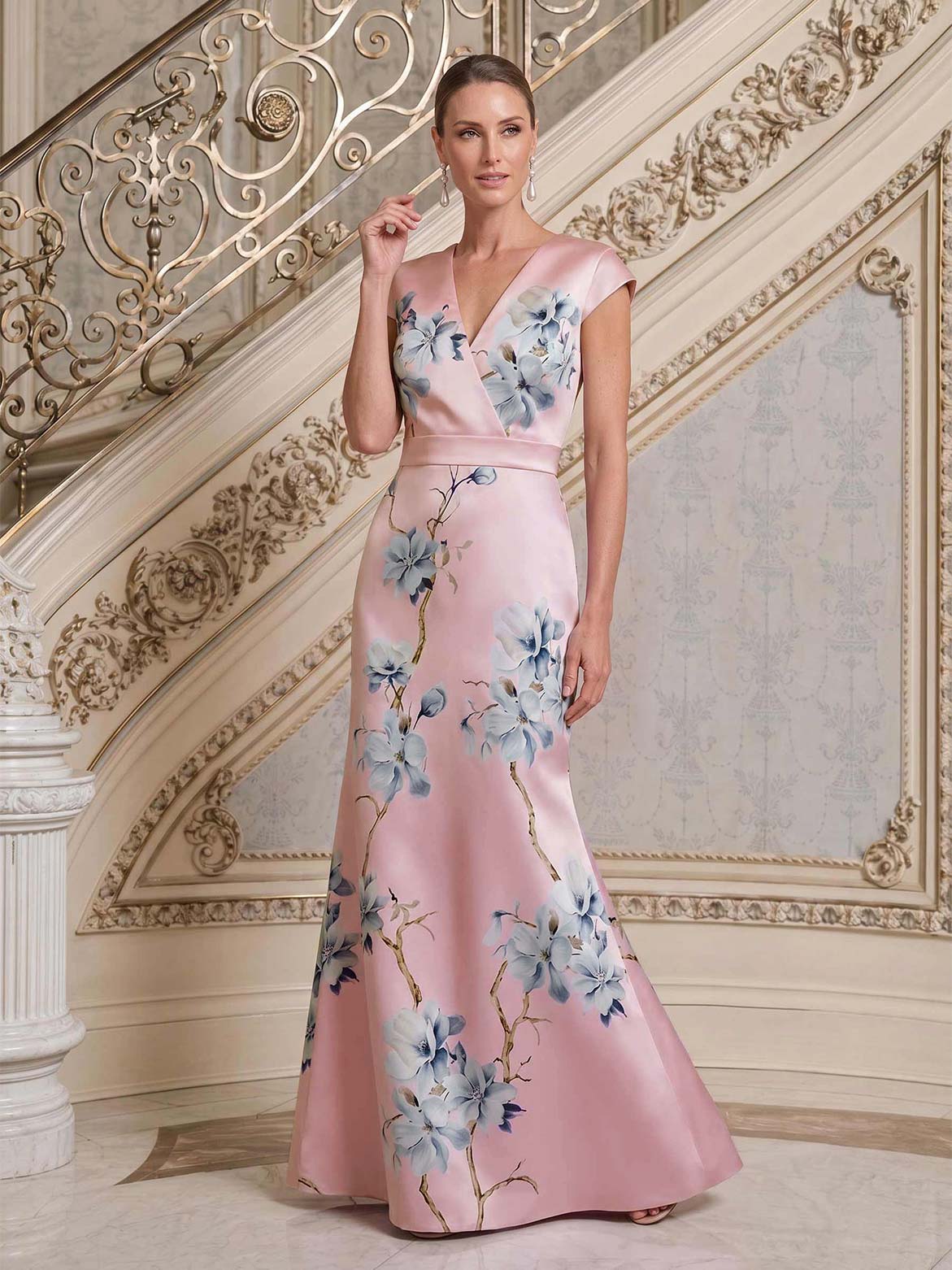 Trumpet/Mermaid V-Neck Cape Sleeves Floor-Length Satin Evening Dresses With Floral-Print