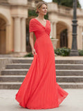 A-Line V-Neck 1/2 Sleeves Floor-Length Chiffon Evening Dresses