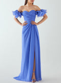 Sheath/Column Sweetheart Sleeveless Sweep Train Chiffon Evening Dresses With Shoulder Ruffle