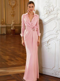 Sheath Column V-Neck 3/4 Sleeves Floor-Length Elastic Satin Evening Dresses With Pleated Flower(s)