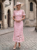 Sheath/Column Scoop Neck Short Sleeves Ankle-Length Evening Dresses With Appliques Lace