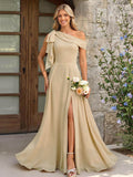 A-Line Asymmetrical Floor-Length Chiffon Bridesmaid Dresses With Split Front/Bow(s)