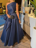 A-Line One-Shoulder Sleeveless Taffeta Evening Dresses With Ruffle