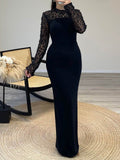 High Neck Long Sleeves Floor-Length Elastic Satin Evening Dresses With Back Slit/Beading