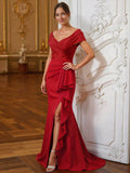 Sheath/Column V-Neck Sleeveless Sweep Train Elastic Satin Mother Of The Bride Dresses With Cascading Ruffles