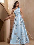 A-Line One-Shoulder Sleeveless Sweep Train Satin Evening Dresses With Floral-Print