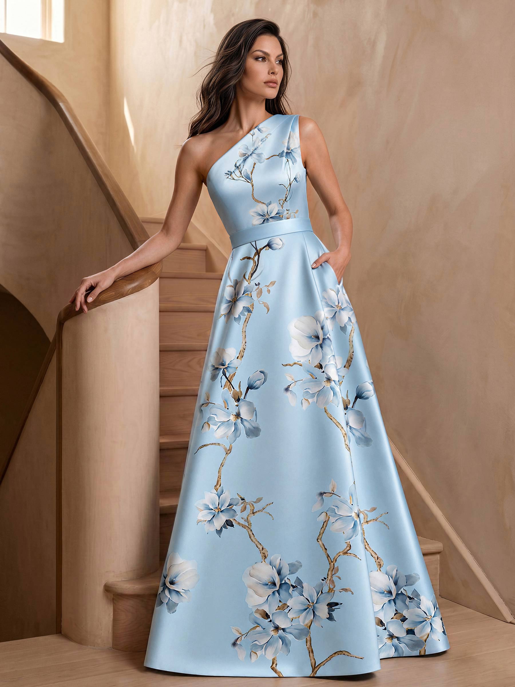 A-Line One-Shoulder Sleeveless Sweep Train Satin Evening Dresses With Floral-Print