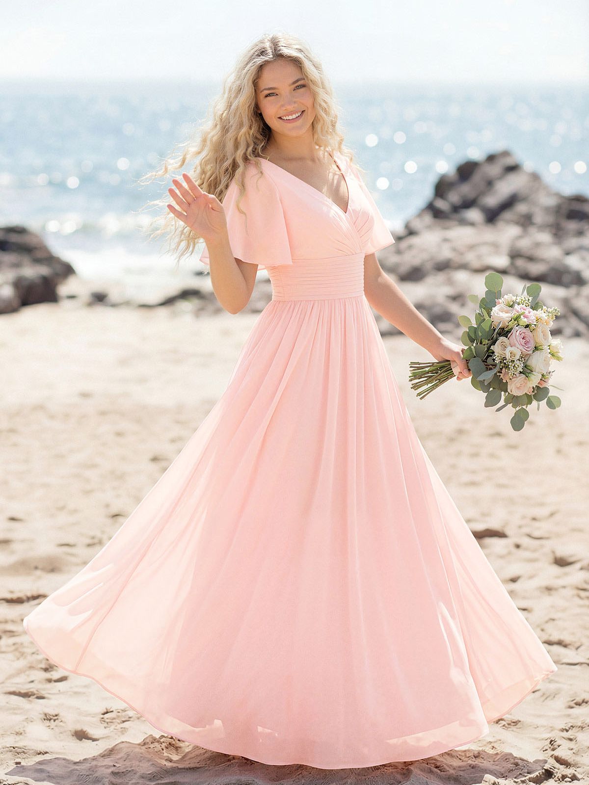 Classy A-Line V-Neck Flutter Sleeve Chiffon Bridesmaid Dresses