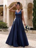 A-Line V-Neck Sleeveless Floor-Length Satin Bridesmaid Dresses With Sequins