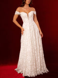 A-Line Off-The-Shoulder Sleeveless Sweep Train Lace Bride Wedding Dress