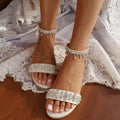 Flat Heel PU Leather Open Toe Wedding Shoes With Rhinestone
