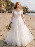 Classy Ball-Gown Illusion Neck Long Sleeves Lace/Tulle Wedding Dresses