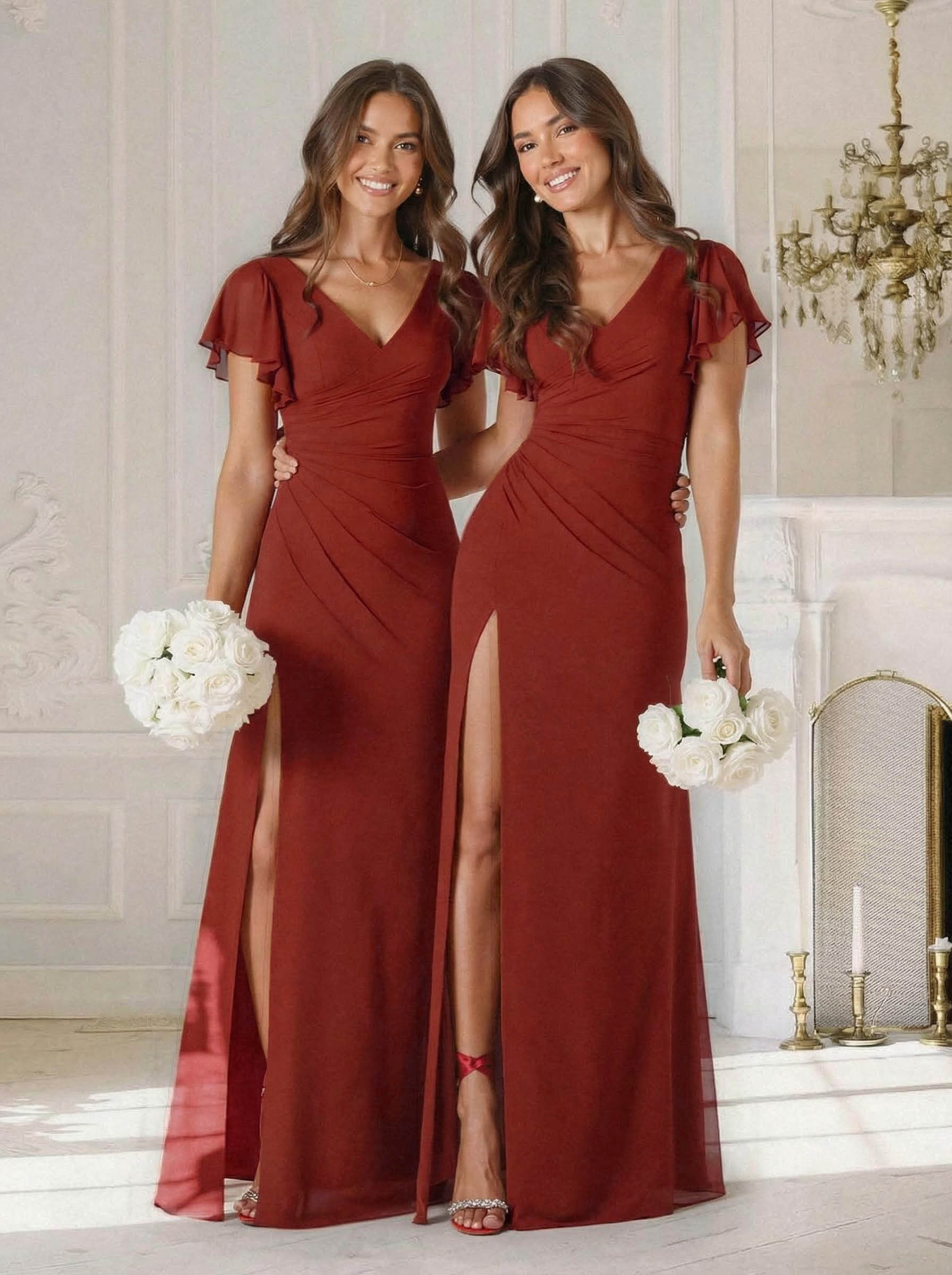 Sheath/Column V-Neck Short Sleeves Floor-Length Chiffon Bridesmaid Dresses With High Split/Shoulder Ruffle