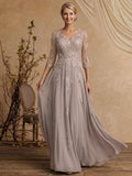A-Line V-Neck 3/4 Sleeves Floor-Length Composite Wire Chiffon/Lace Mother Of The Bride Dresses With Lace