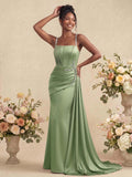 Sheath/Column Square Neckline Sleeveless Soft Satin Bridesmaid Dresses With Rhinestone