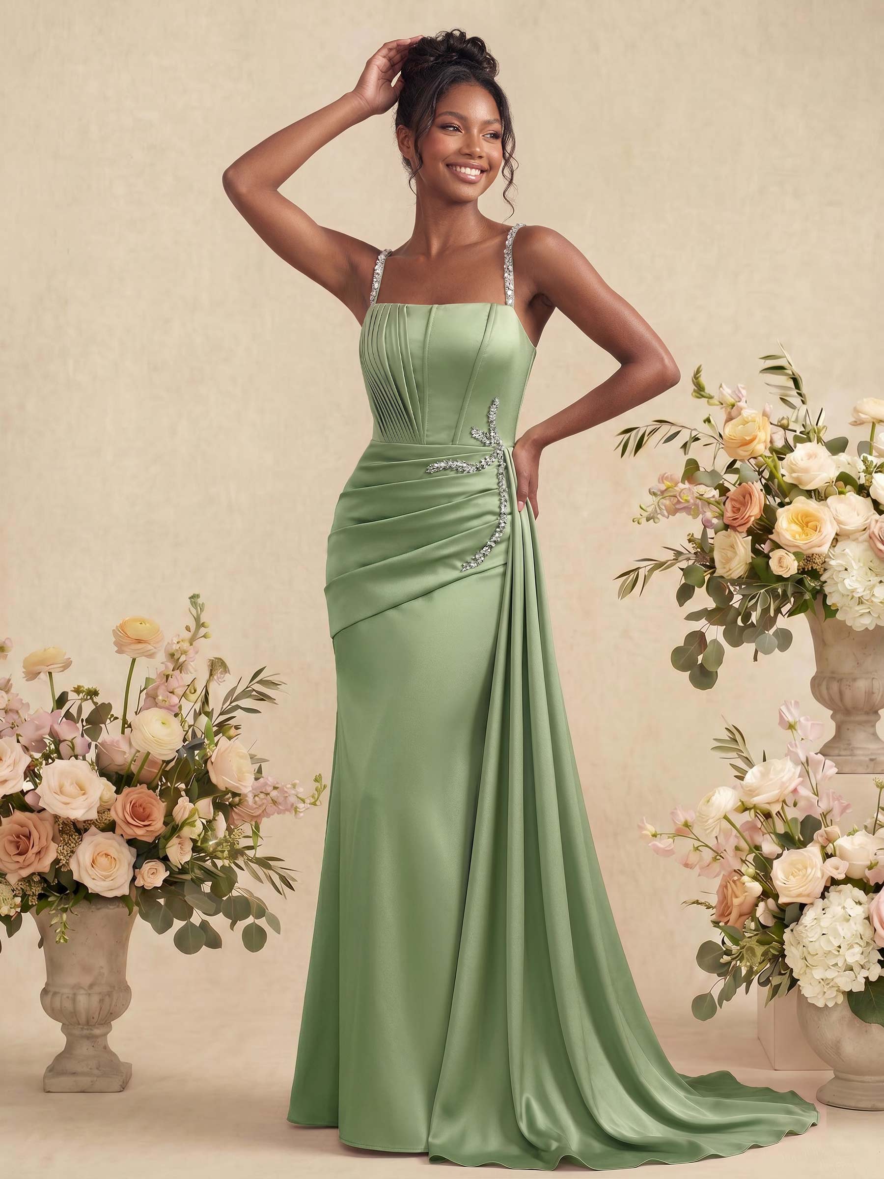 Sheath/Column Square Neckline Sleeveless Soft Satin Bridesmaid Dresses With Rhinestone