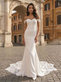Trumpet/Mermaid Off The Shoulder Satin Lace Chapel Train Wedding Dresses With Lace