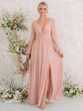 Long Sleeves A-Line Bridesmaid Dresses With Split Front