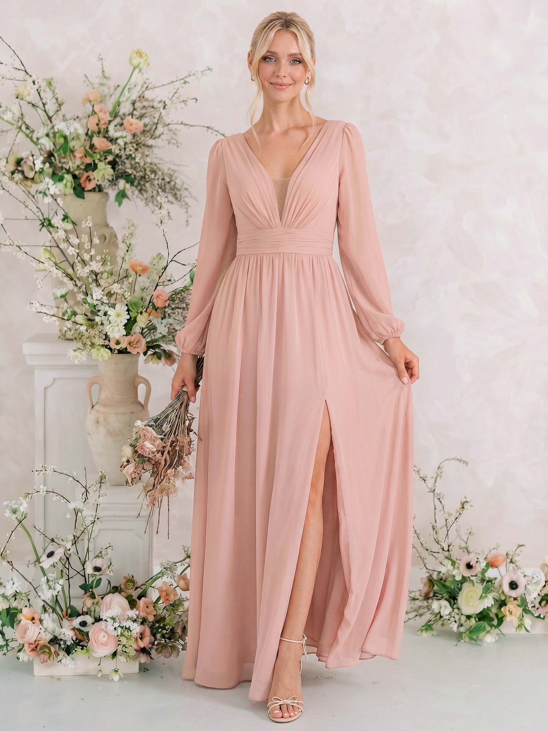 Long Sleeves A-Line Bridesmaid Dresses With Split Front