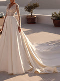 Ball-Gown Plunge Neck Long Sleeves Chapel Train Satin Bride Wedding Dress With Beading/Sequins/Appliques Lace