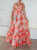 Boho A-Line V-Neck Sleeveless Floor-Length Chiffon Prom Dresses With Pleated/Floral-Print