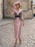 Sheath/Column V-Neck 3/4 Sleeves Tea-Length Satin Mother Of The Bride Dresses With Appliques Lace/Back Slit
