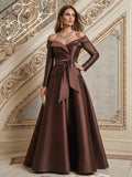 A-Line Off-The-Shoulder Long Sleeves Floor-Length Satin Mother Of The Bride Dresses With Bow(s)