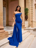 Sheath/Column One-Shoulder Sleeveless Floor-Length Elastic Satin Evening Dresses With Rhinestone/Sweeping Side Drape