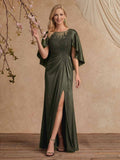 Sheath/Column Scoop Neck Cape Sleeves Floor-Length Charmeuse Mother Of The Bride Dresses With Appliques Lace/High Split