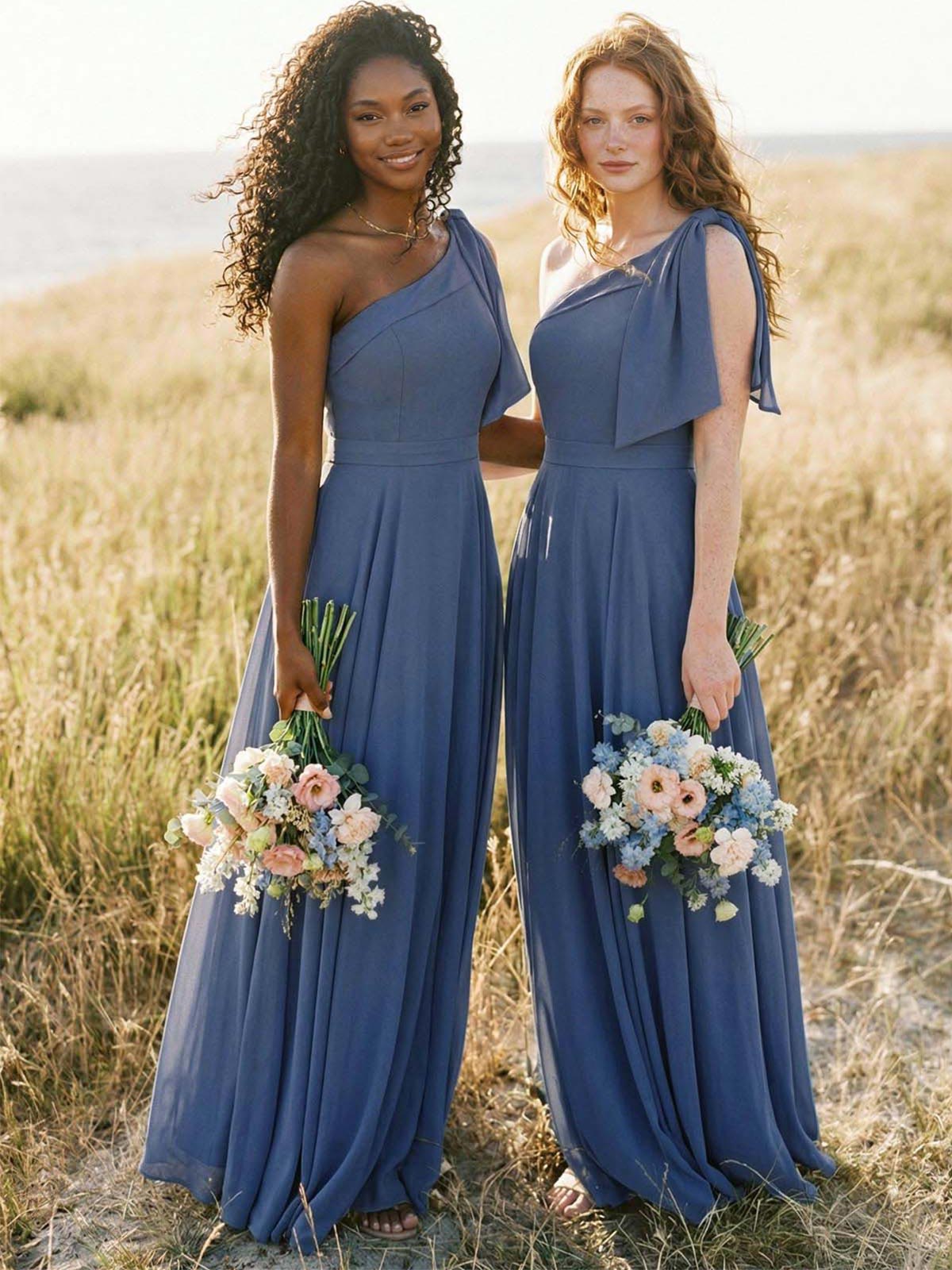 A-Line One-Shoulder Sleeveless Floor-Length Chiffon Bridesmaid Dresses With Bow(s)/Pockets