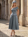 A-Line One-Shoulder Sleeveless Tea-Length Satin Cocktail Dresses