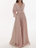 Elegant A-Line V-Neck Long Sleeves Sweep Train Taffeta Evening Dresses