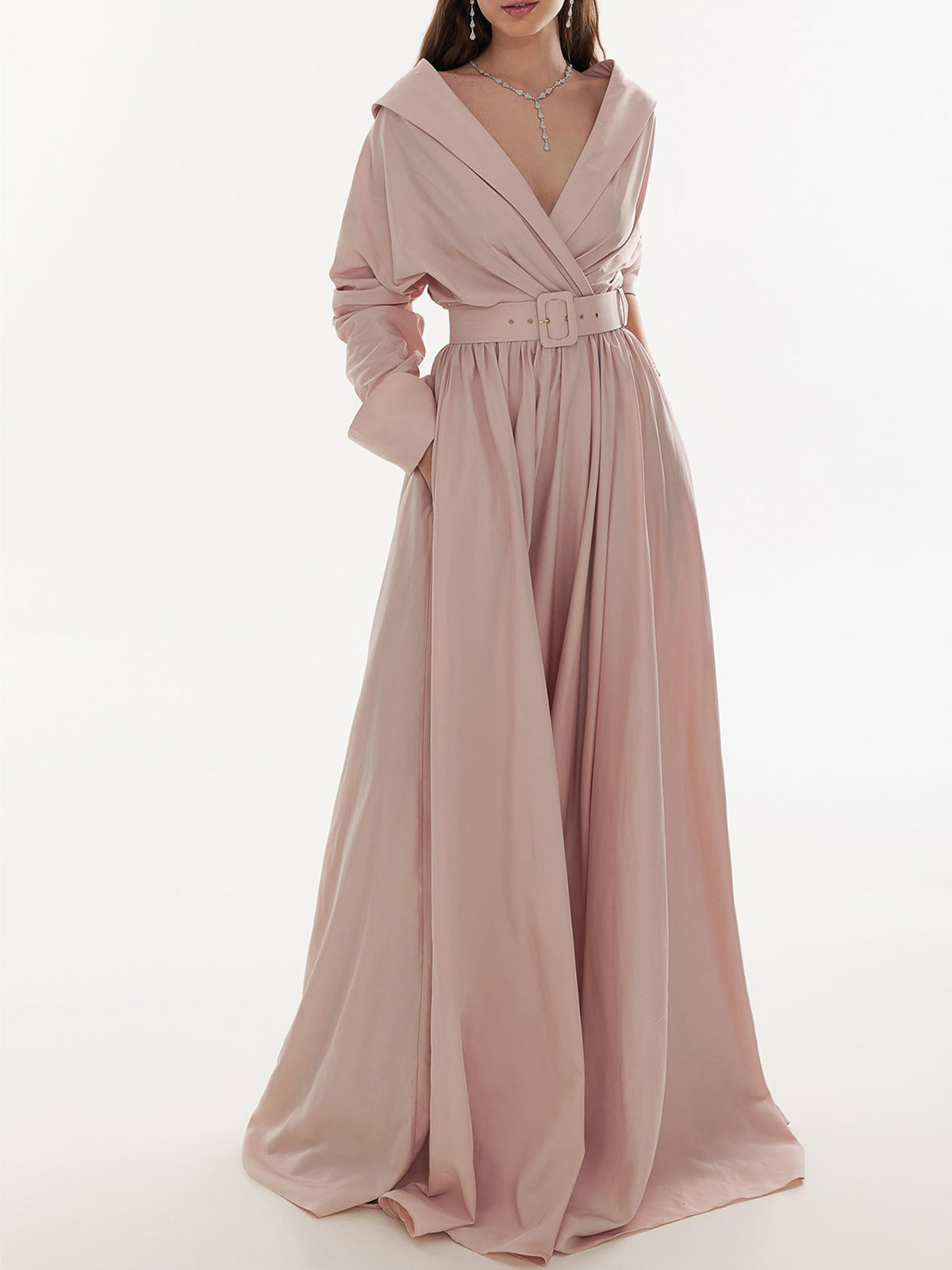 Elegant A-Line V-Neck Long Sleeves Sweep Train Taffeta Evening Dresses