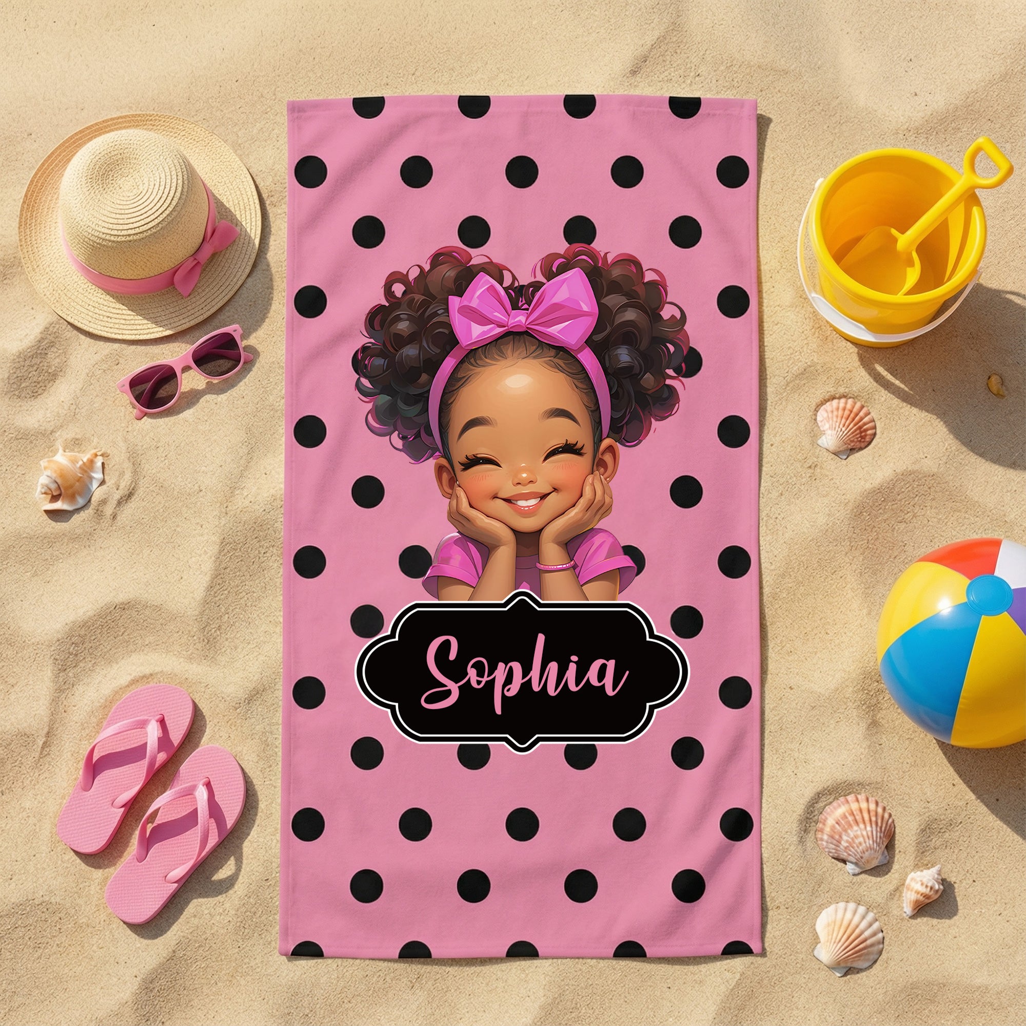 Toalla de playa personalizada de lunares con el nombre de la niña para fiesta en la playa regalo de cumpleaños para niñas negras