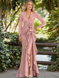 Trumpet/Mermaid Plunge Neck Long Sleeves Floor-Length Crepe Satin Mother Of The Bride Dresses With Flower(s)/High Split