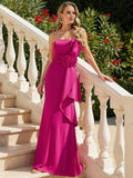 Sheath Column Off-The-Shoulder Sleeveless Floor-Length Elastic Satin Evening Dresses With Flower Sweeping Side Drape