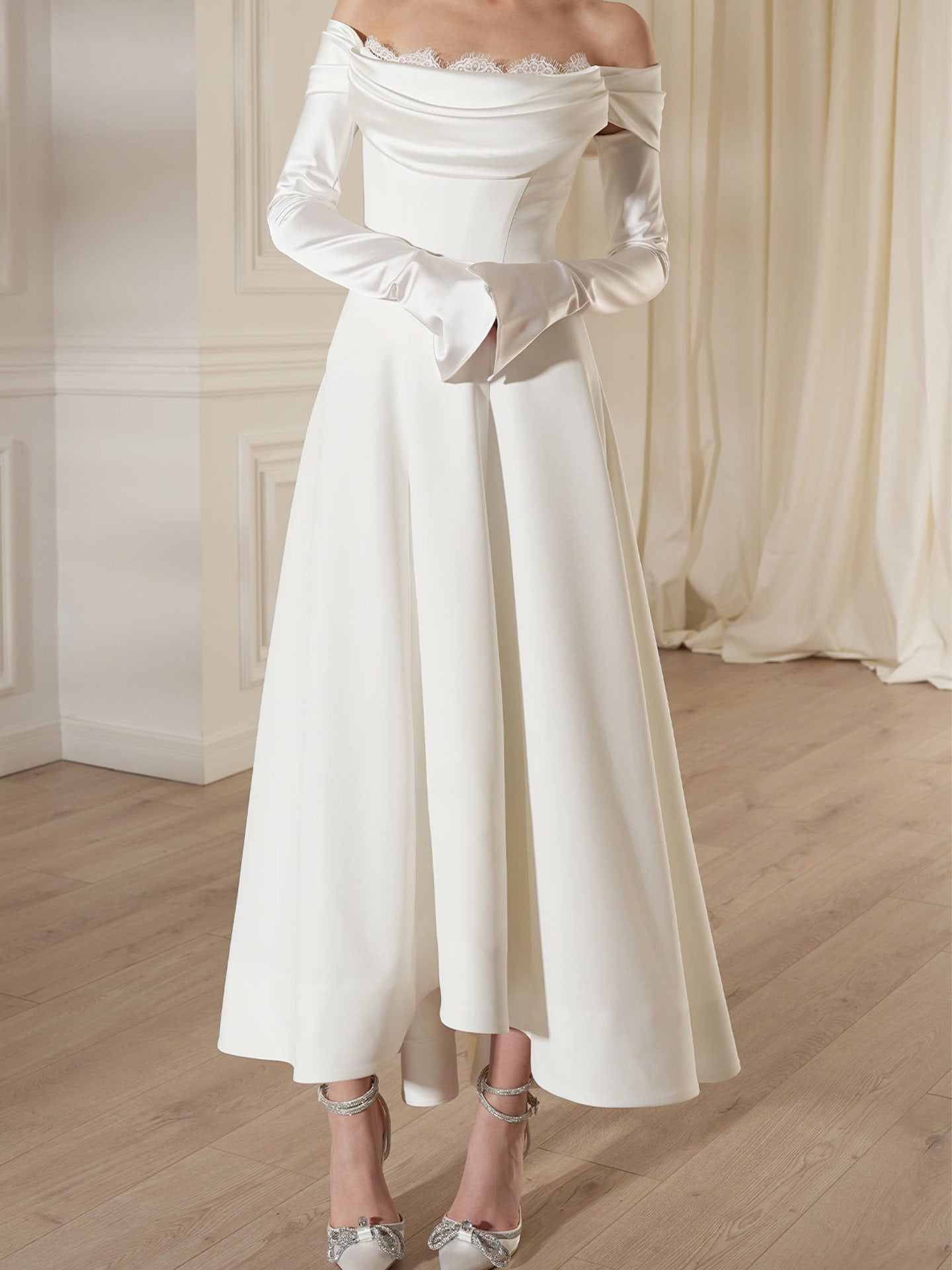 A-Line Off-The-Shoulder Long Sleeves Tea-Length Matte Satin Cocktail Dresses With Lace