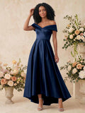A-Line Off-The-Shoulder Sleeveless Asymmetrical Satin Bridesmaid Dresses