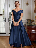 Blue Cap Shoulder Satin High Low Evening Dresses