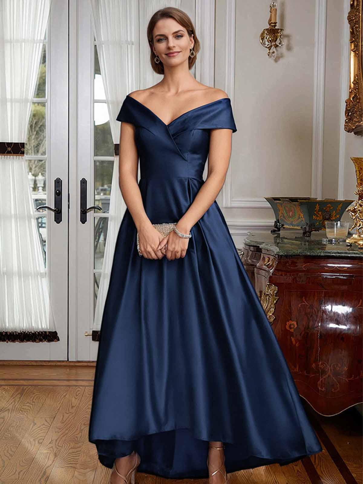 Blue Cap Shoulder Satin High Low Evening Dresses