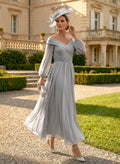 A-Line Off-The-Shoulder Long Sleeves Ankle-Length Chiffon Mother Of The Bride Dresses With Pleated