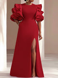 A-Line Scoop Neck 1/2 Sleeves Floor-Length Elastic Satin Evening Dresses With Split Front/Shoulder Ruffle