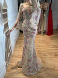 Trumpet/Mermaid Square Neckline Long Sleeves Sweep Train Lace/Tulle/Sequined Prom Dresses