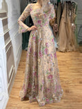A-Line Square Neckline Long Sleeves Sweep Train Lace/Tulle/Sequined Prom Dresses