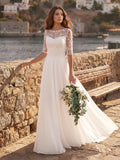 A-Line Illusion Neck 1/2 Sleeves Floor-Length Chiffon Wedding Dresses With Appliques Lace