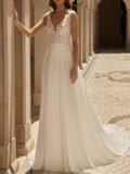 A-Line V-Neck Sleeveless Cathedral Chiffon/Tulle Wedding Dresses With Appliques Lace