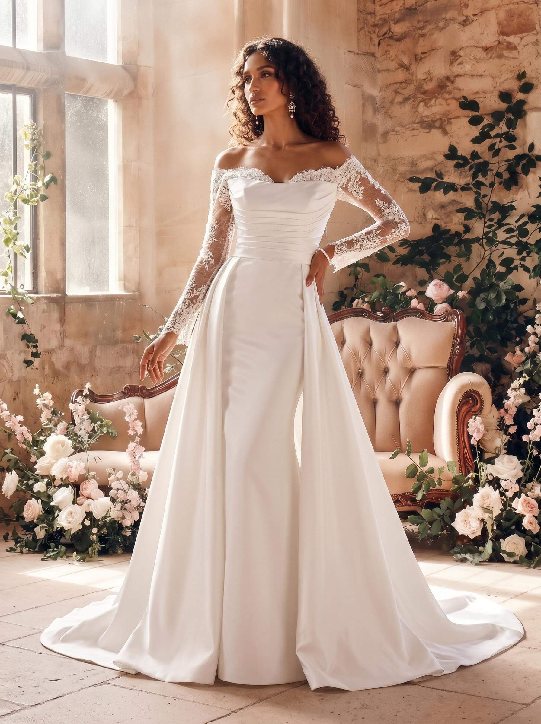 Trumpet/Mermaid Off-The-Shoulder Long Sleeves Satin Wedding Dresses With Appliques Lace