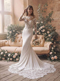 Trumpet Mermaid Illusion Neck Long Sleeves Cathedral Tulle Elastic Satin Wedding Dresses With Lace Back Hole